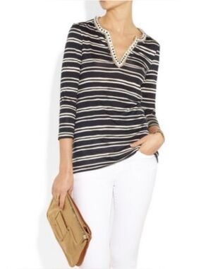 Tory Burch Women's Navy Striped Embellished Striped Silk Tunic Top